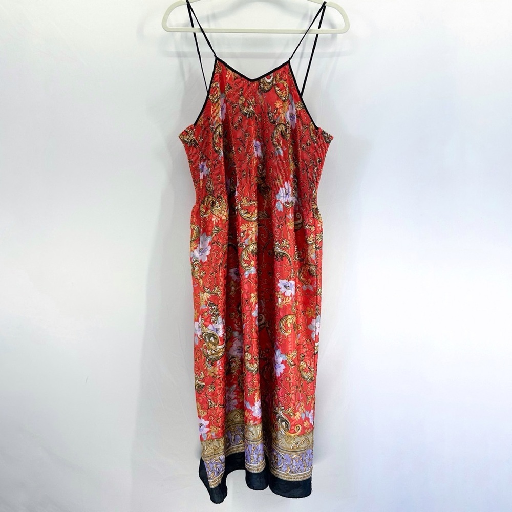 Vintage Mary McFadden Red Satin Pleated Slip Dress Medium